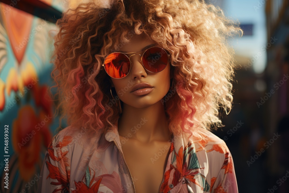 A stylish woman embraces the sunny day with her colorful hairpiece, trendy sunglasses, and bold lip, radiating confidence and fashion-forward flair