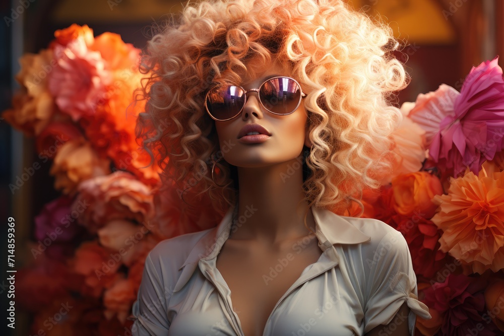 A stylish woman with a wild mane and sunglasses holds a delicate flower, exuding confidence and a flair for fashion in the warm sun