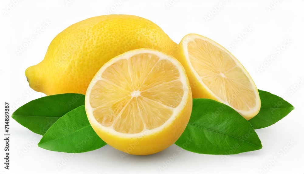 lemon fruit with leaf isolated whole lemon and a half with leaves on white background lemons isolated with clipping path full depth of field