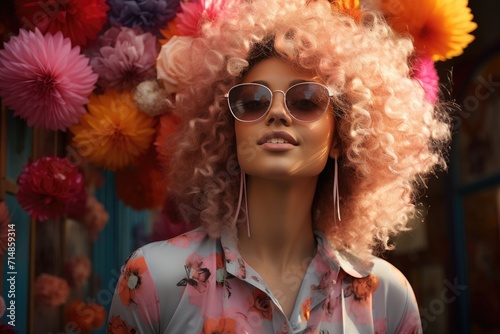 A stylish woman with vibrant pink hair and sunglasses stands confidently outdoors, her hairpiece adorned with a yellow flower, exuding fashion and individuality