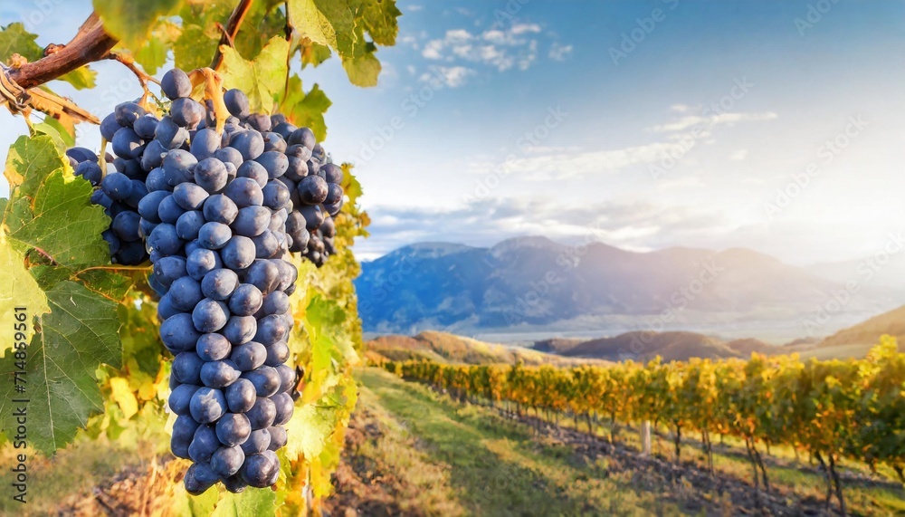 a large bunch of ripe blue grapes on the vine with blurred mountains on background