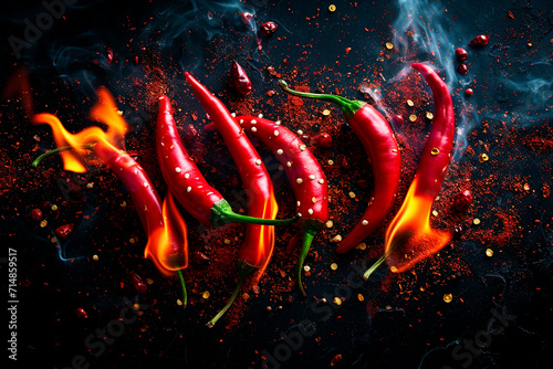 Flying red chili pepper on fire with flames and black background.