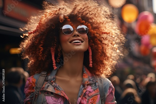 A stylish woman with a confident smile rocks a pink jacket and oversized sunglasses, her jheri curl catching the light as she struts down the street in her chic street fashion © Larisa AI