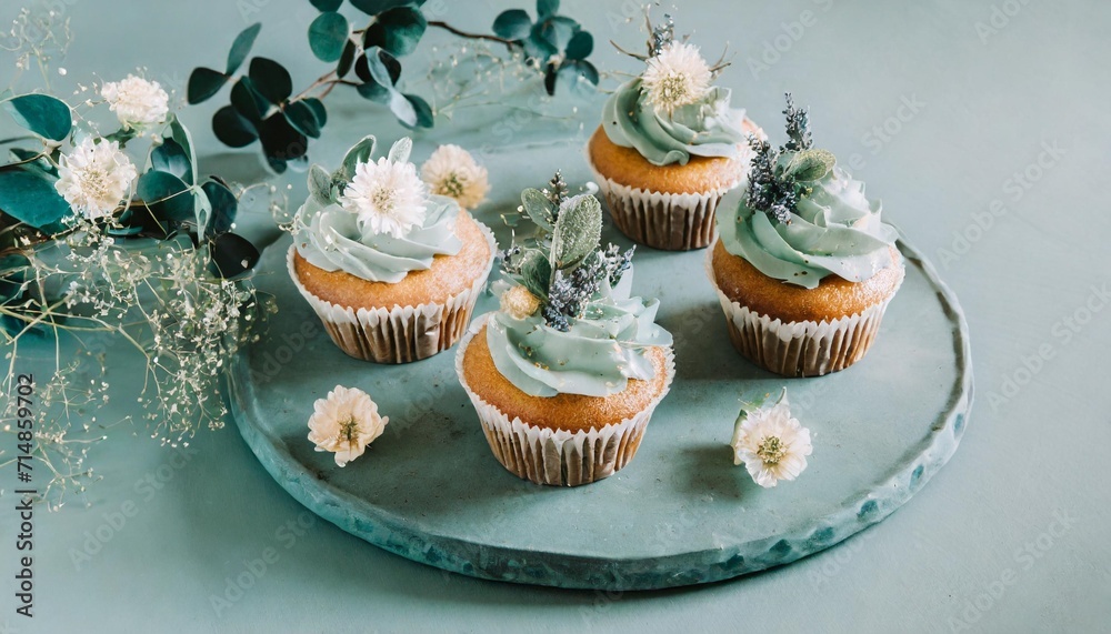 cupcakes decorated with wildflowers in sage green and apothecary aesthetics technology