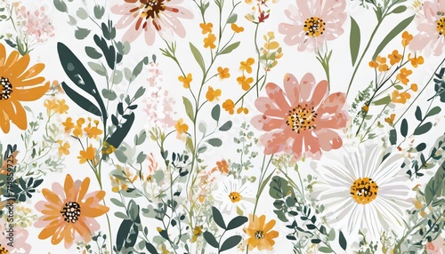 trendy hand drawn wild meadow florals flower bouquet illustration seamless pattern vector © Kendrick