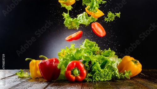 falling vegetables fresh salad of bell pepper tomato and lettuce leaves