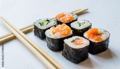 sushi and chopsticks isolated on white