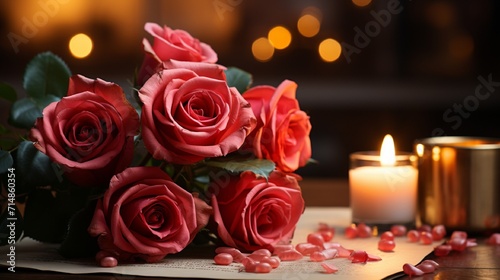 candles and red roses Happy Valentine s Day  Love Day  romance concept
