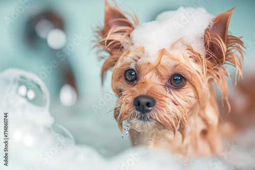 Funny portrait of a cute dog showering with shampoo, dog taking a bath in grooming salon