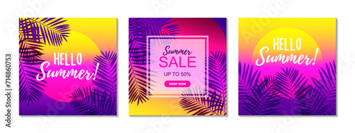 Set of summer square designs. Vector illustration. Colorful tropical poster. Social media post template
