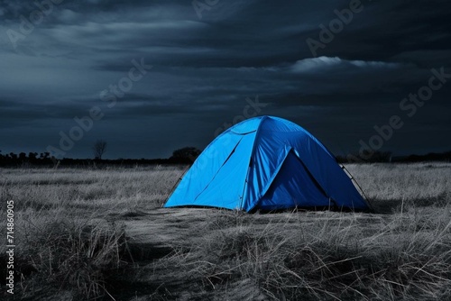 a tent that is colored blue and stands alone. Generative AI