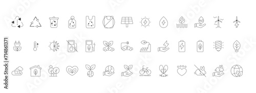 Eco friendly thin line icon set in minimalistic style. Electric car, global warming, wind power, organic farming, environment, nature, recycle, renewable energy.