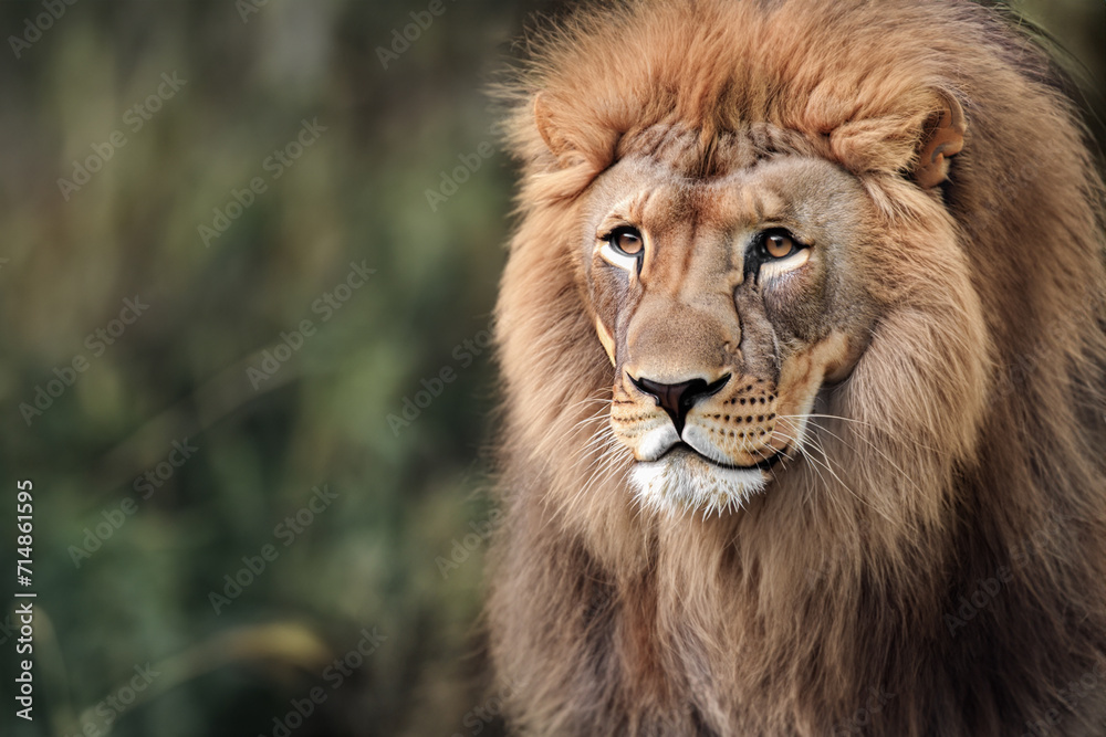 Portrait of an adult lion, with a stern look. Close-up of the lion king looking stern. Portrait of wildlife animals