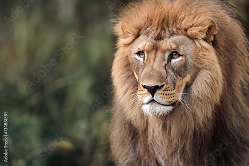 Portrait of an adult lion, with a stern look. Close-up of the lion king looking stern. Portrait of wildlife animals