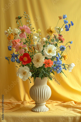Bouquet in a vase on a yellow background  still life