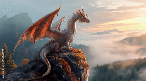 dragon perched atop a misty mountain, scales shimmering in the sunrise light, intricate details on its wings photo