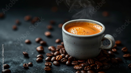 coffee surrounded by scattered coffee beans on a dark surface, capturing the early morning ritual with a moody, ambient lighting