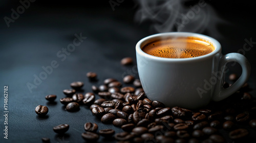 coffee surrounded by scattered coffee beans on a dark surface, capturing the early morning ritual with a moody, ambient lighting