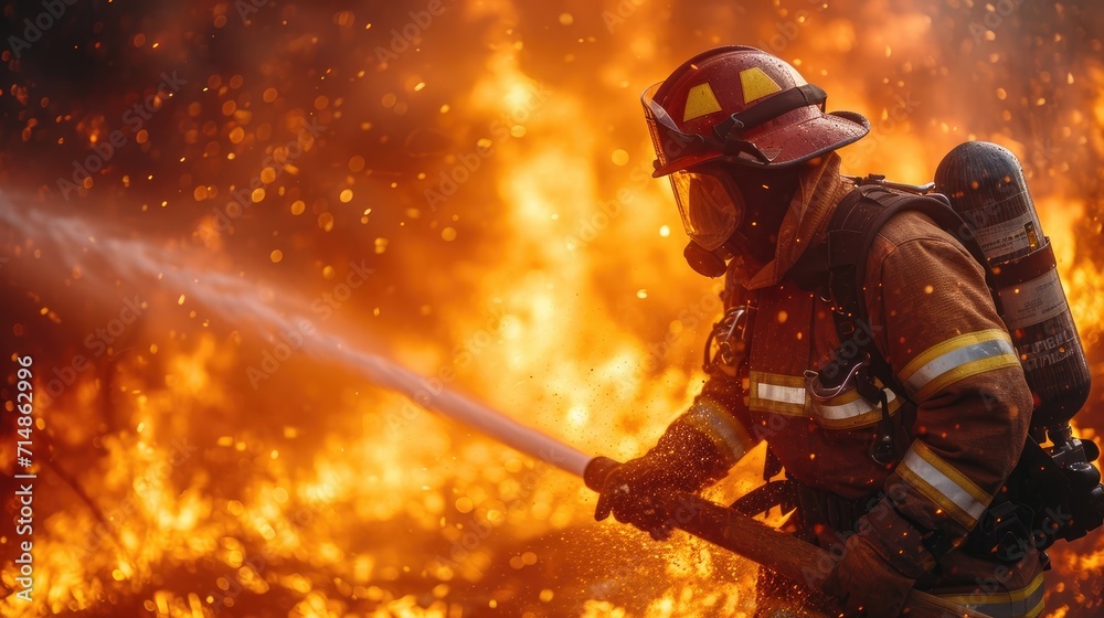 Fototapeta premium A Firefighter Tackling Blazing Flames in a Residential Area, Wearing Protective Gear and Using a High-Pressure Hose