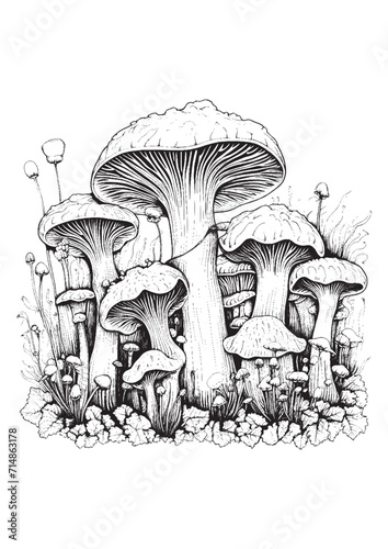 Mushrooms vector doodle illustration, coloring page for adults