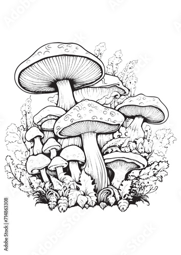 Mushrooms vector doodle illustration, coloring page for adults