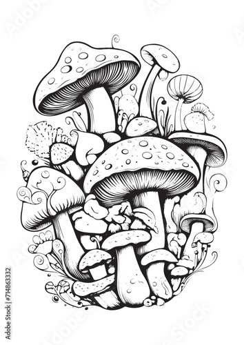 Mushrooms vector doodle illustration, coloring page for adults