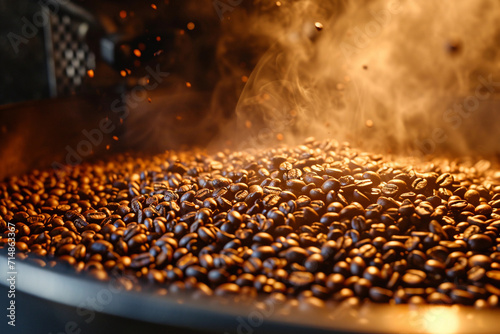 Coffee beans being roasted in a drum roaster, capturing the action and transformation of the beans, with visible steam and a warm