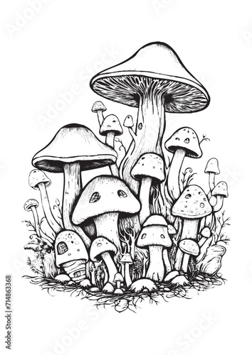 Mushrooms vector doodle illustration, coloring page for adults