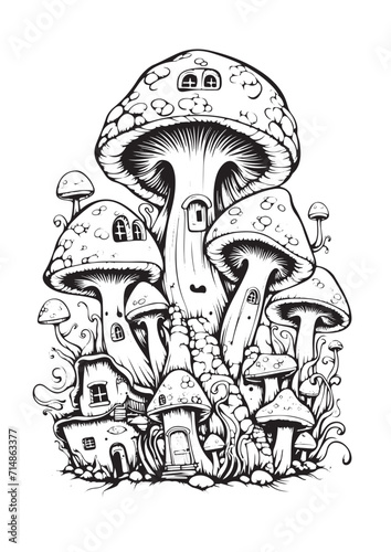 Mushrooms vector doodle illustration, coloring page for adults