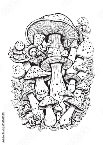 Mushrooms vector doodle illustration, coloring page for adults