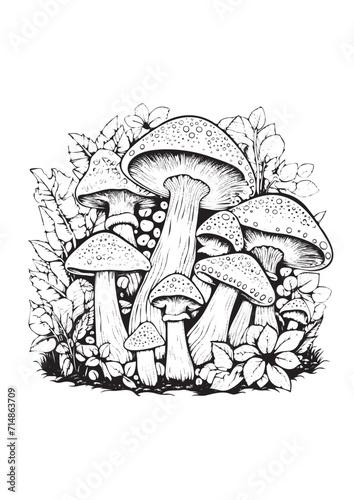 Mushrooms vector doodle illustration, coloring page for adults