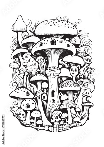 Mushrooms vector doodle illustration, coloring page for adults