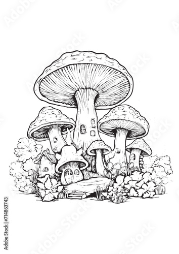 Mushrooms vector doodle illustration, coloring page for adults