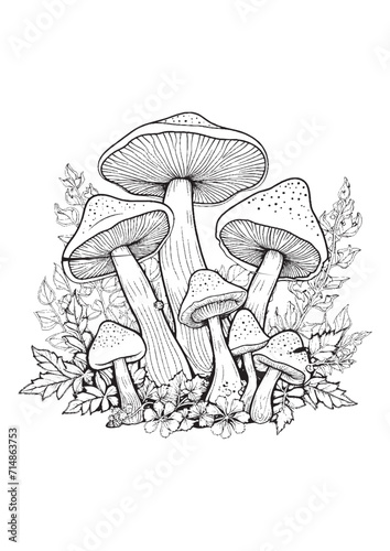 Mushrooms vector doodle illustration, coloring page for adults