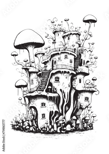 Mushrooms vector doodle illustration, coloring page for adults