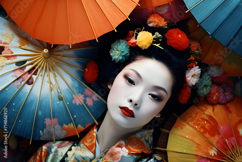 Beautiful Japanese geisha lying under many colorful umbrella