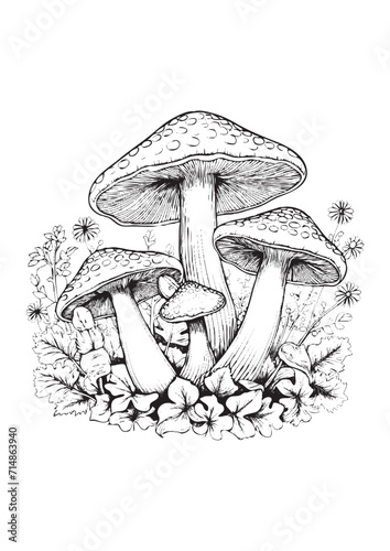 Mushrooms vector doodle illustration, coloring page for adults
