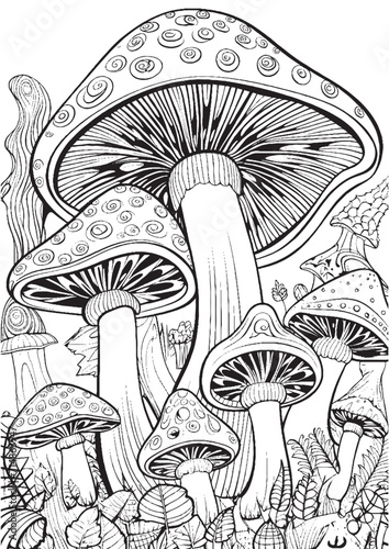 Mushrooms vector doodle illustration, coloring page for adults