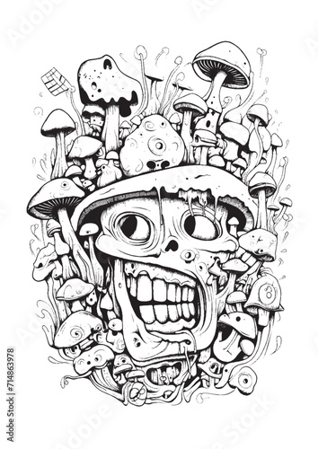 Mushrooms vector doodle illustration, coloring page for adults
