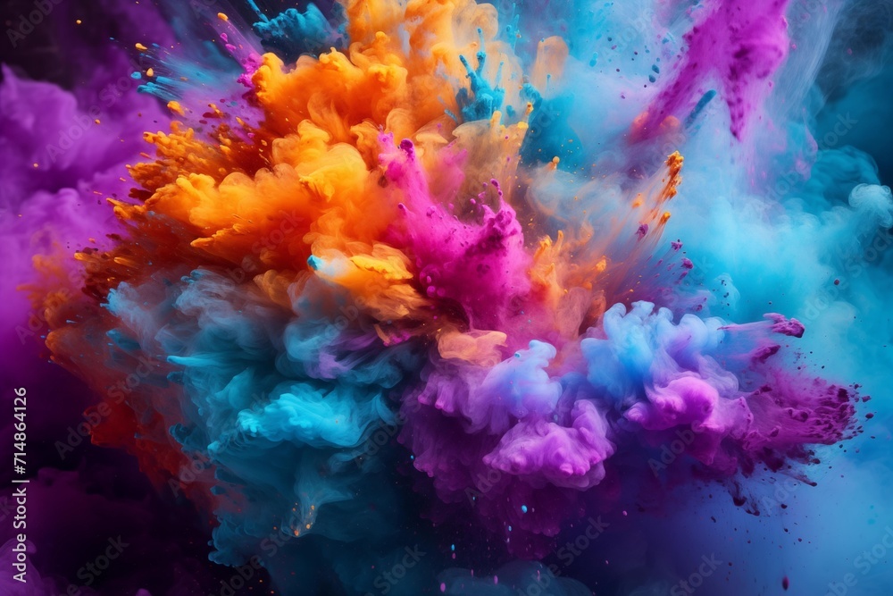Dust explosion with rainbow powder. Abstract powder paint, splash paint, explosion texture, cloud creative dust, wallpaper concept. Design of rainbow smoke ink.