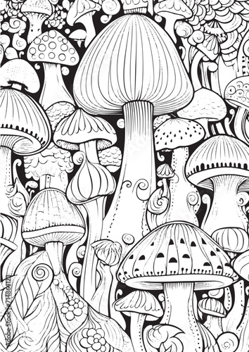 Mushrooms vector doodle illustration, coloring page for adults