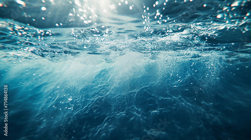 Underwater view of waves, showing the energy transfer below the surface, realistic light patterns through water