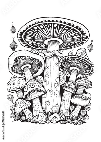 Mushrooms vector doodle illustration, coloring page for adults