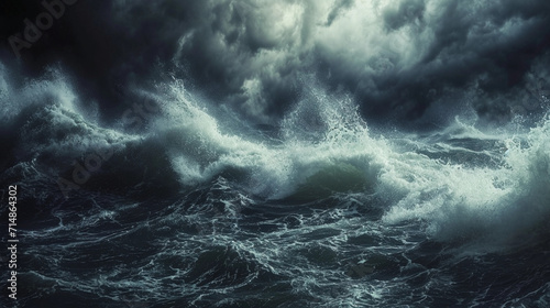 Waves in a stormy sea, showcasing the power and energy, dark ominous clouds above, realistic depiction of turbulent water, high waves, and strong winds © Gia