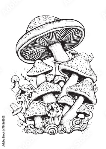 Mushrooms vector doodle illustration, coloring page for adults