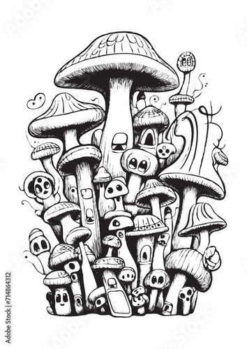 Mushrooms vector doodle illustration, coloring page for adults