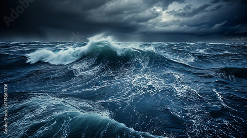 Waves in a stormy sea  showcasing the power and energy  dark ominous clouds above  realistic depiction of turbulent water  high waves  and strong winds