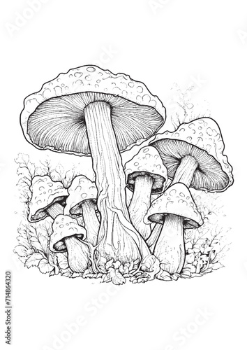 Mushrooms vector doodle illustration, coloring page for adults
