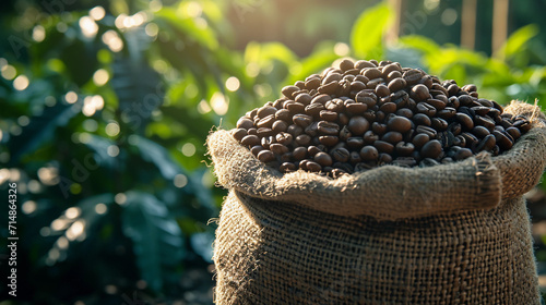 burlap sack overflowing with fresh coffee beans, set against the backdrop of a rustic coffee plantation, with soft morning light casting gentle shadows