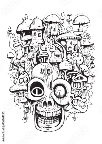 Mushrooms vector doodle illustration, coloring page for adults